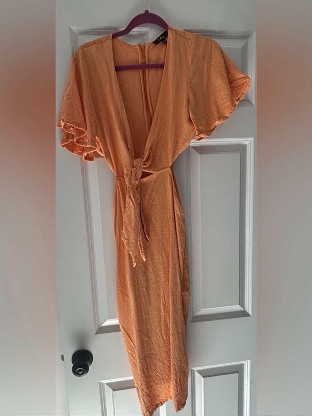 Lulu's Peach-Orange Midi Dress with Tie Front